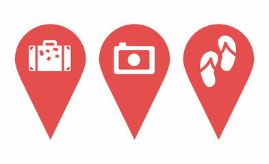 Pin icons set. Location sign and symbol. Map pins. Tourism, travel, vacation. Pins directly pointing to the sea, Tourism, travel, flight, tropics. Badges depicting suitcase, camera, sandals