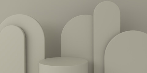 Creme of white podium and abstract background. Geometric shapes. Pastel colors scene. Minimal 3d rendering. Scene with geometrical forms and textured background for cosmetic product. 3d render. 
