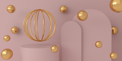 pink podium. Geometric shapes. Pastel colors scene. Minimal 3d rendering. Scene with geometrical forms and textured background for cosmetic product. 3d render. 