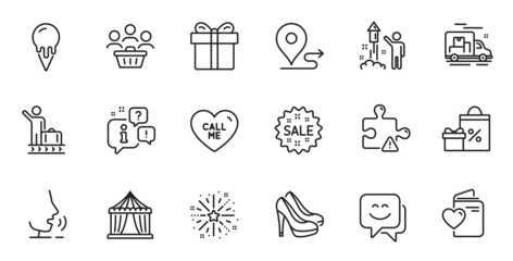 Outline set of Shopping, Journey and Fireworks line icons for web application. Talk, information, delivery truck outline icon. Include Sale, Smile face, Circus tent icons. Vector