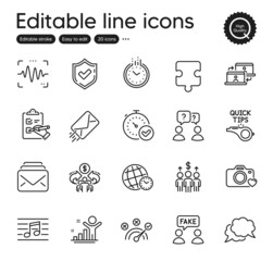 Set of Education outline icons. Contains icons as Tutorials, Checklist and Winner elements. Meeting, E-mail, Mail web signs. Confirmed, Voice wave, Correct answer elements. Puzzle. Vector