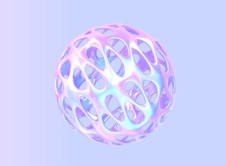 Abstract holographic hollow ball or sphere, round metal shape with gradient pearlescent texture, chromatic fluid object, empty futuristic sculpture with holes isolated on purple background, 3d render