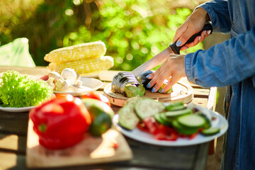Unrecognizable woman cutting fresh eggplant vegetables on wooden board