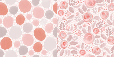 Vector set of 2 seamless patterns. Abstract peas on a branching background. Pale pink flowers on an abstract wavy background.