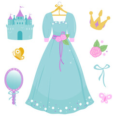 Beautiful blue princess dress. Vector illustration set