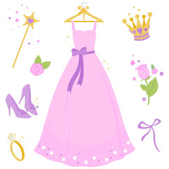 Beautiful pink princess dress. Vector illustration set © stockakia