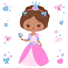 Beautiful princess with a pretty dress. Vector illustration set
