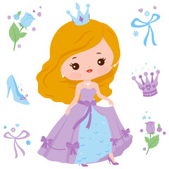Beautiful princess with a pretty dress. Vector illustration set