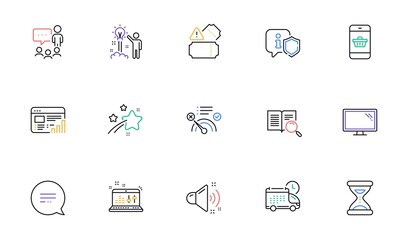 Monitor, Sound check and People chatting line icons for website, printing. Collection of Time, Search text, Loud sound icons. Shield, Web report, Tickets web elements. Delivery. Vector