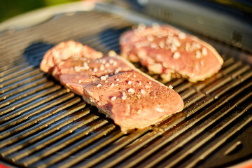 Roasted meat on the gas grill on barbecue grill outdoor in the backyard, grilled steak meat