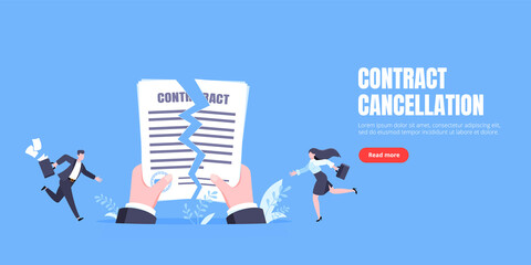 Contract cancellation business concept. Terminated tearing contract paper sheet breach flat style design vector illustration. Business people running toward giant hands with tearing contract papers.