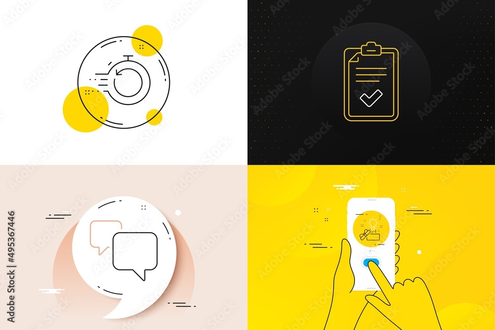 Poster minimal set of speech bubble, fast recovery and checklist line icons. phone screen, quote banners. c