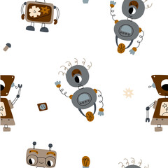 Pattern of happy funny cartoon baby robots waving, hello. Cute baby cyborgs, retro, futuristic modern bots, android, smiling characters in flat vector illustration isolated on white background.