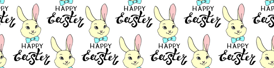Obraz na płótnie Canvas Happy Easter-Vector seamless pattern with inscriptions and simple colorful drawings of faces of cute rabbits in flat style. Holiday background and texture