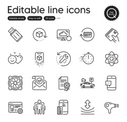 Set of Technology outline icons. Contains icons as Computer fan, Atom core and Usb flash elements. Wallet, Refund commission, Augmented reality web signs. Hair dryer, Reject certificate. Vector