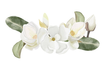 Naklejka na ściany i meble Watercolor white magnolia bouquet with flowers and leaves, white flowers composition isolated background 