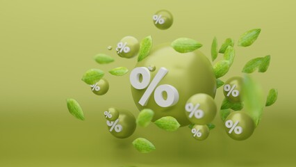 Spheres with a percent sign on a green background with leaves, illustration on the theme of summer sale 3d render