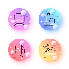 Arrivals plane, Metro and Flight mode minimal line icons. 3d spheres or balls buttons. Baggage reclaim icons. For web, application, printing. Airport transport, Transit journey, Smartphone app. Vector