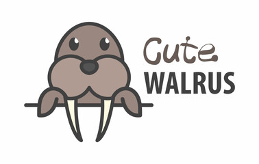 Logo template with cute curious walrus. Vector logo design arctic animal template for zoo, veterinary clinics, etc. Cartoon animal logo illustration.