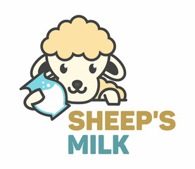 Vector Logo of сute funny sheep holding a jug of milk. Modern humorous logo template with image of the lamb. Farm dairy products emblem. Can be use for advertising farm, market.