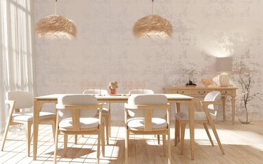 Interior of dining room with white texture cement wall and light entering the window.3d rendering - obrazy, fototapety, plakaty