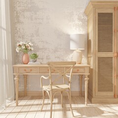 Minimal and boho style interior mockup. White cement wall surface with tables, chairs and wooden cabinets.3d rendering