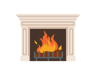 Classic fireplace with decorative mantelpiece, flat vector illustration isolated on white background.