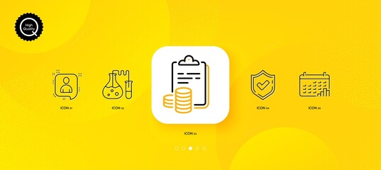 Fototapeta na wymiar Calendar graph, Confirmed and Developers chat minimal line icons. Yellow abstract background. Chemistry lab, Accounting icons. For web, application, printing. Vector