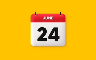 Calendar date 3d icon. 24th day of the month icon. Event schedule date. Meeting appointment time. Agenda plan, June month schedule 3d calendar and Time planner. 24th day day reminder. Vector