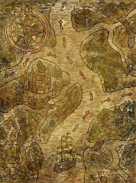 Colorful Marine Fantasy illustration of of old pirate map of treasure hunt with sailing ship, compass and unknown land. Nautical vintage drawings, watercolor painting with grunge paper texture.