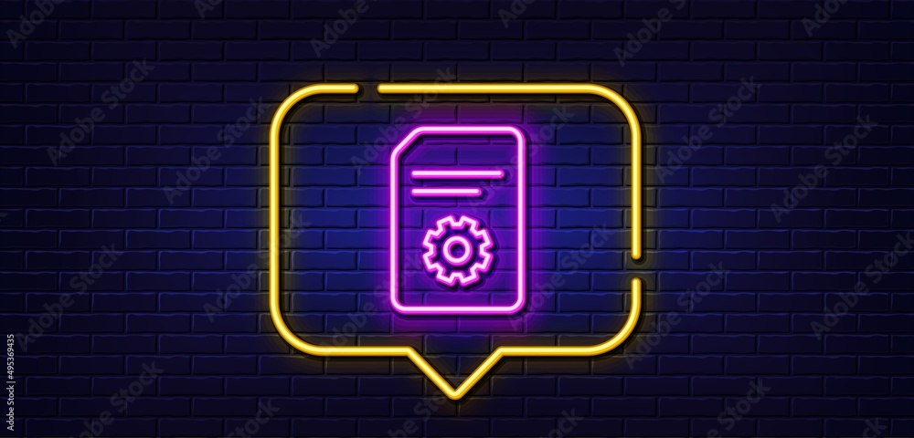 Poster neon light speech bubble. document management line icon. information file with cogwheel sign. paper 