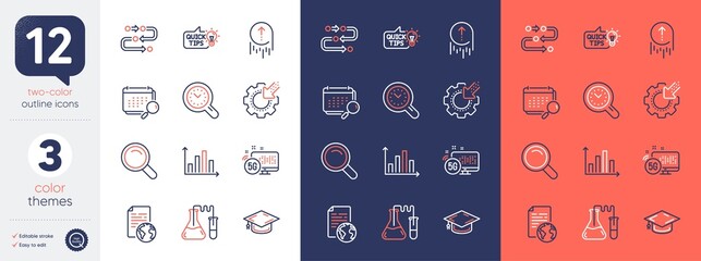 Set of Swipe up, 5g internet and Education idea line icons. Include Search, Internet document, Methodology icons. Chemistry lab, Time management, Seo gear web elements. Calendar. Vector