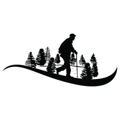 Vector illustration of old man walking in the forest black and white