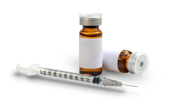 A bottle of vaccine and syringe on a white background.