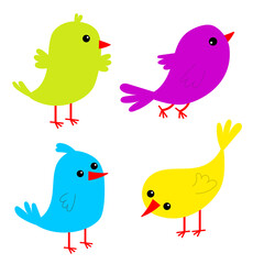 Bird set icon. Cute kawaii cartoon funny baby character. Birds collection. Decoration element. Singing song, flying, eating. Flat design. Isolated. White background.