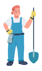 Confident female worker with shovel semi flat color vector character. Full body person on white. Gender equality in workplace simple cartoon style illustration for web graphic design and animation
