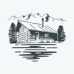 vector illustration of a house by the lake and mountains