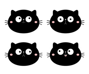 Fototapeta premium Cute cat face set. Funny cartoon characters. Emotion collection. Happy, surprised, crying, sad, angry, smiling. Black silhouette sticker. White background. Isolated. Flat design.