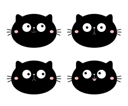 Cute cat face set. Funny cartoon characters. Emotion collection. Happy, surprised, crying, sad, angry, smiling. Black silhouette sticker. White background. Isolated. Flat design.
