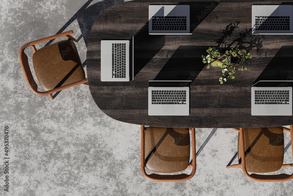 Poster 3d rendering : illustration of set of wooden table and chair working table in co-working space of te