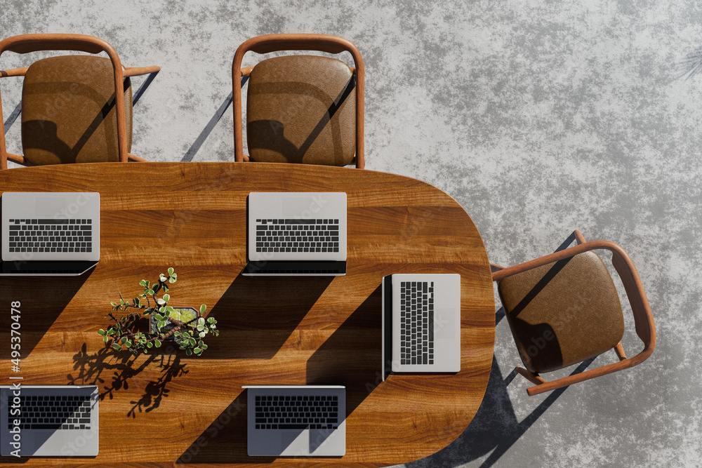 Poster 3d rendering : illustration of set of wooden table and chair working table in co-working space of te