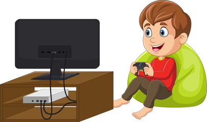 Cartoon little boy playing video game - 495370407