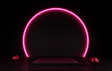 3D Rendering : Illustration of black metal podium or pedestal display on black and dark. Blank product shelf standing. glow neon light. pink neon circle frame portal. virtual reality. sci-fi concept