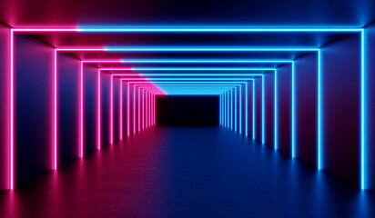 3D Rendering : illustration of  darkroom with glowing neon laser light. pink and blue tunnel sci-fi room. Abstract Futuristic Sci Fi tunnel Room - obrazy, fototapety, plakaty