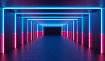 3D Rendering : illustration of  darkroom with glowing neon laser light. pink and blue tunnel sci-fi room. Abstract Futuristic Sci Fi tunnel Room