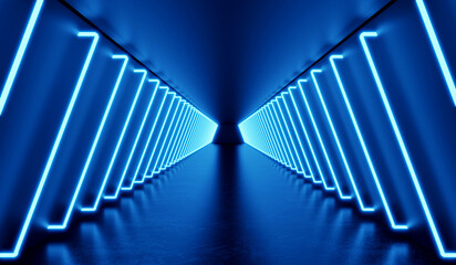 3D Rendering : illustration of  darkroom with glowing neon laser light. pink and blue tunnel sci-fi room. Abstract Futuristic Sci Fi tunnel Room
