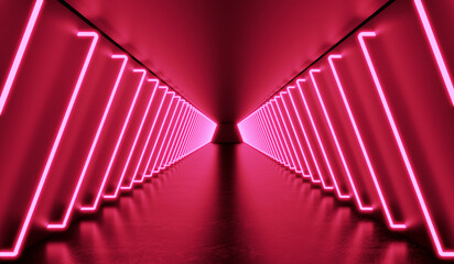 3D Rendering : illustration of  darkroom with glowing neon laser light. pink and blue tunnel sci-fi room. Abstract Futuristic Sci Fi tunnel Room