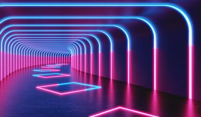 3D Rendering : illustration of  darkroom with glowing neon laser light. pink and blue tunnel sci-fi room. Abstract Futuristic Sci Fi tunnel Room