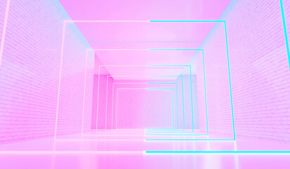 3D Rendering : illustration of  white brick room with glowing neon laser light. pink and blue tunnel sci-fi room. Abstract Futuristic Sci Fi tunnel Room