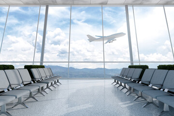 3D Rendering : illustration of at airport terminal. view from airport looked out. big window glass. airplane flying on blue sky background. travel around the world concept. ready for travel concept